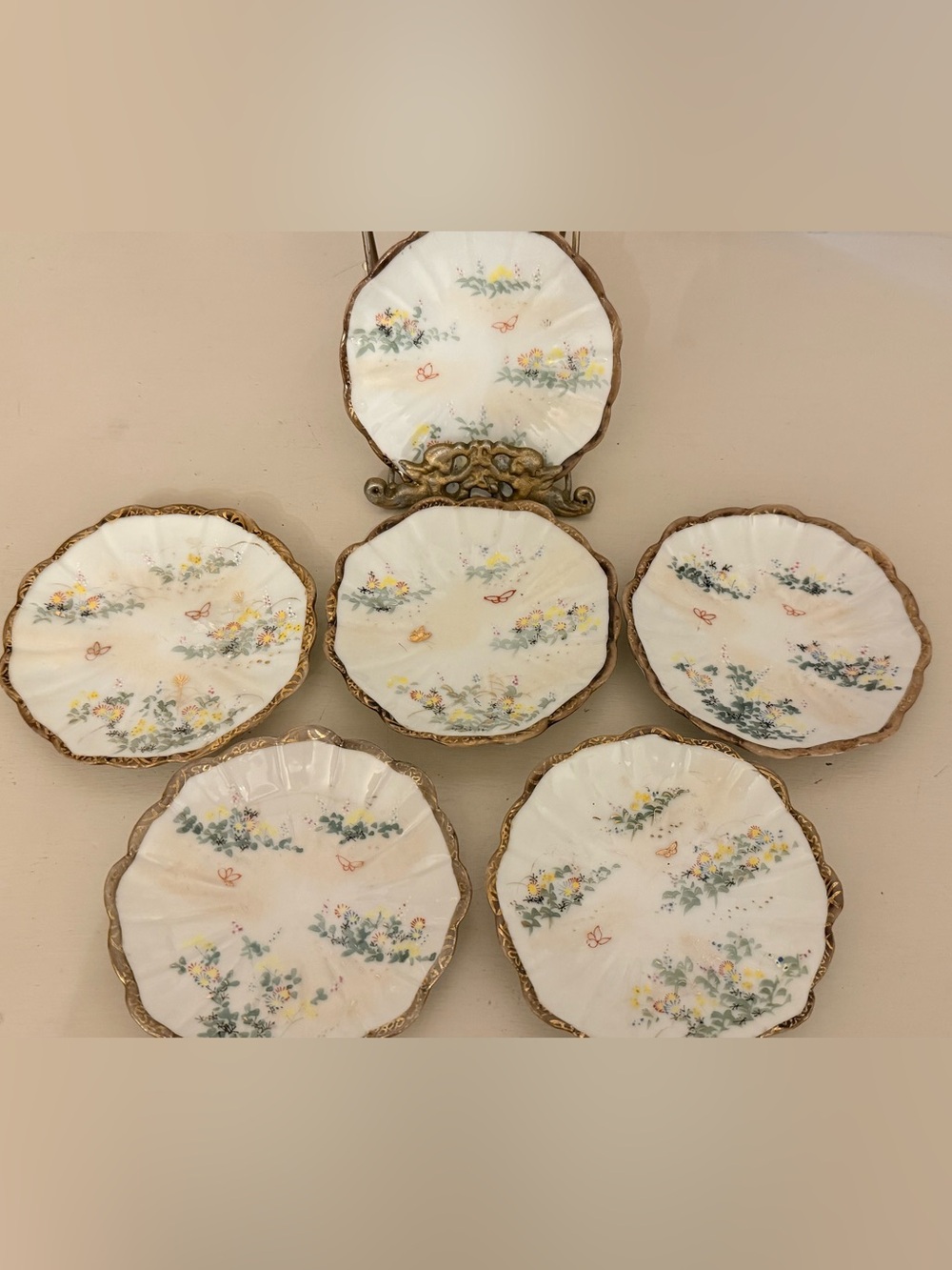 Antique Porcelain Butter Pats Set of 6 Raised Gold Butterfly Plate 4"